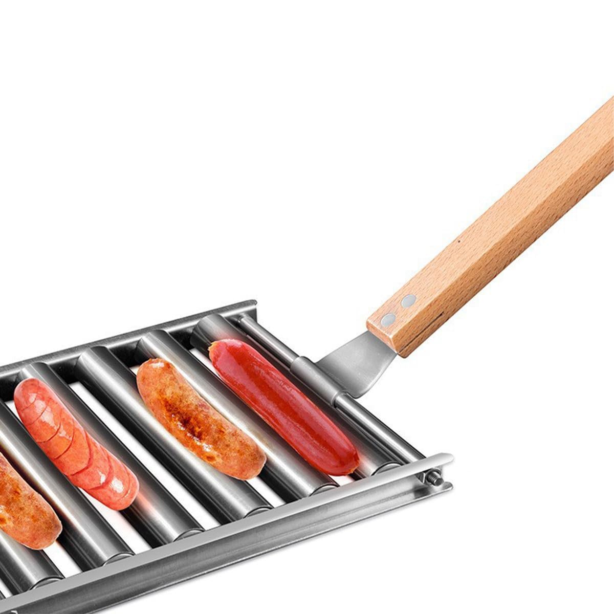 Namvo Parrilla para Perros Calientes, Parrilla con Rodillos para Barbacoa para Salchichas de Acero Inoxidable con Mango de Madera Extra Largo, Parrilla para Perros Calientes para Perros Calientes