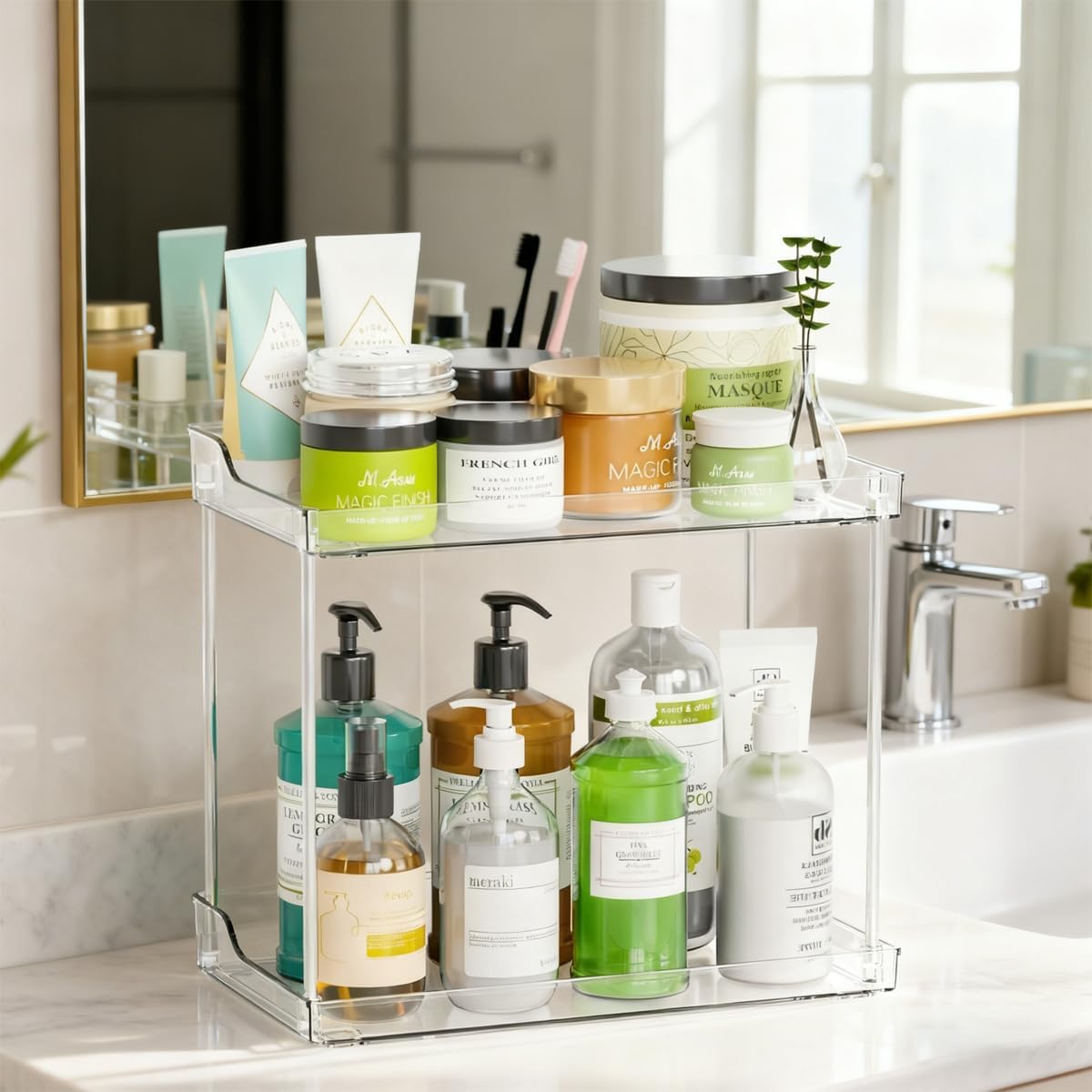 2 Tier Bathroom Organizer Countertop, Clear Acrylic Bathroom Counter Organizer, Corner Makeup Organizer, Makeup Perfume Tray, Vanity Storage Tray for Bedroom, Bathroom, Kitchen, Living Room