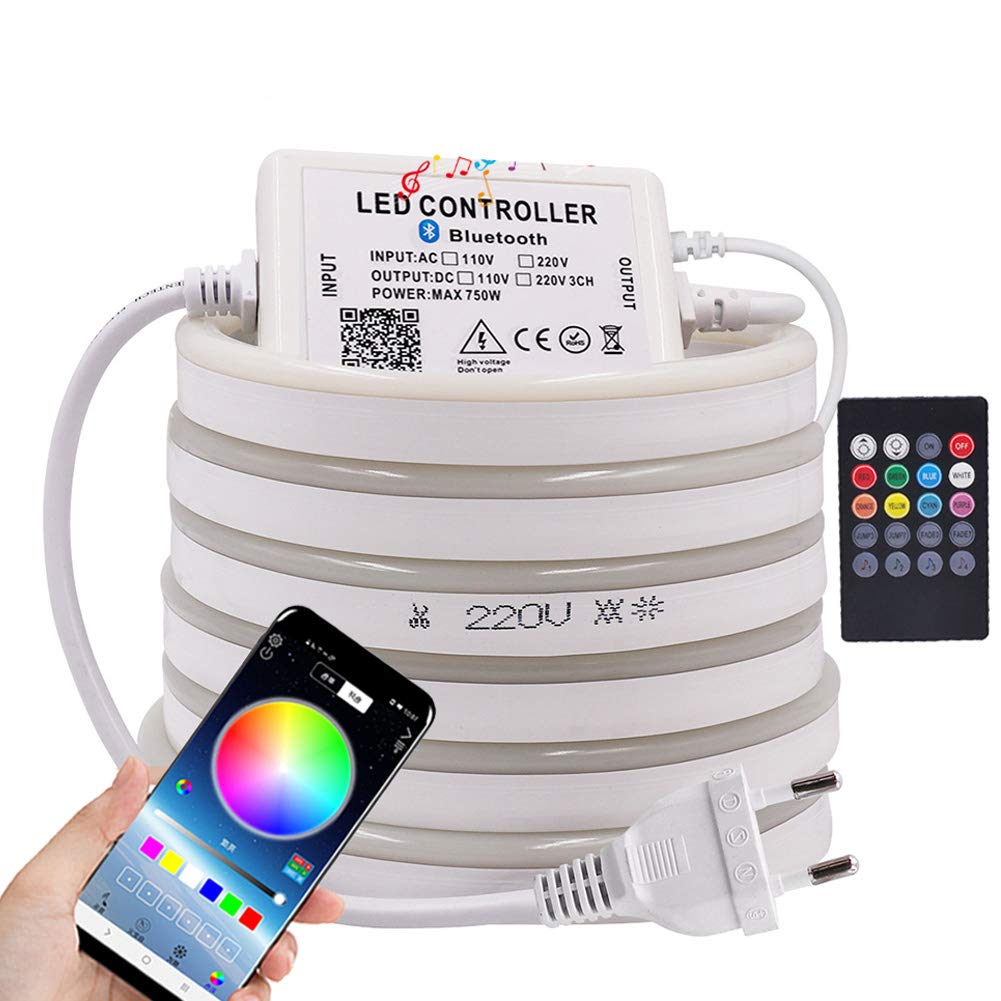 XUNATA Bluetooth luz Flexible LED Neon Musica, 220V 5050 60 LEDs/m RGB Tira LED + Control Remoto, IP67 Impermeable Interior Intemperie Escalera de Techo Luces Decoración - 12m