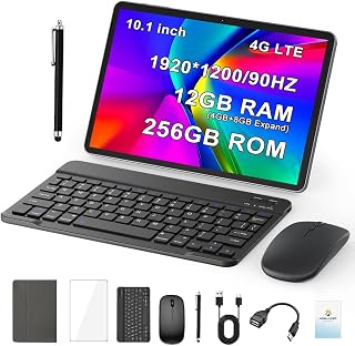 Crelander 10.1 Inch Android 14 Tablet with SIM Card Slot 4G LTE Calling, 12GB + 256GB, 1920×1200/90Hz LCD Screen, 8000mAh, Bluetooth/WiFi, 13MP + 8MP Dual Camera, Android Tablet with Case