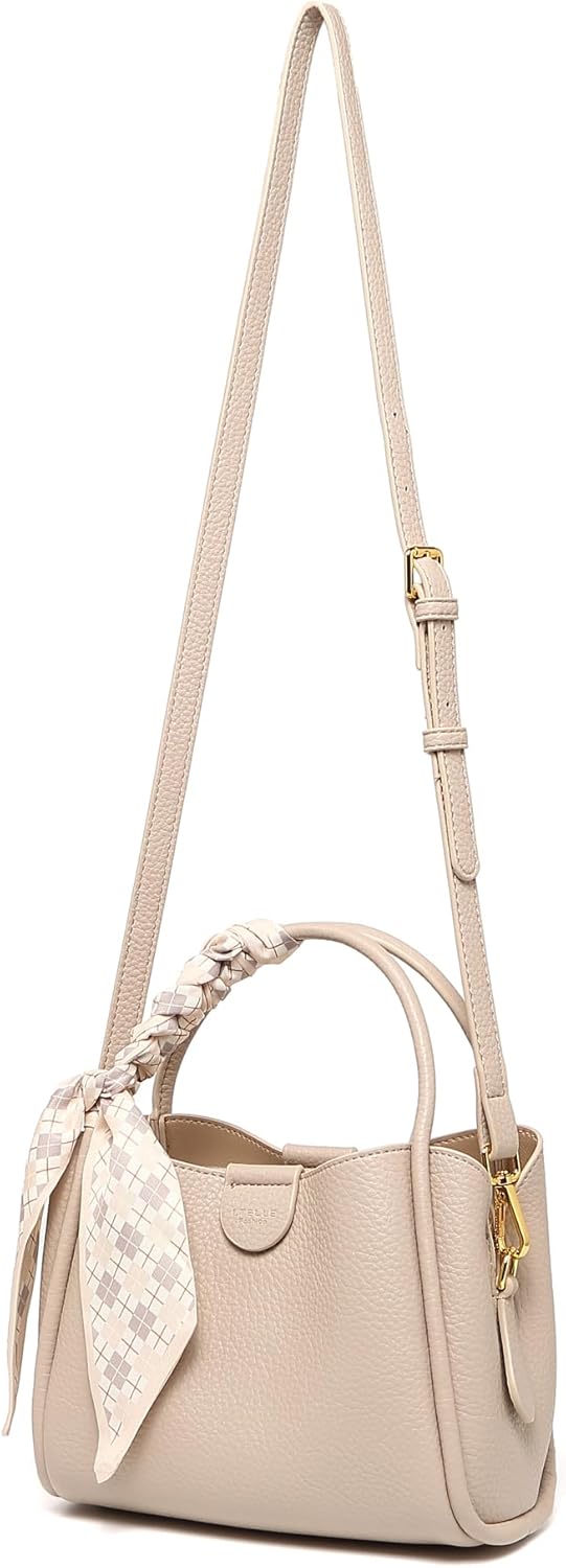Women's bucket bag with silk scarf, black top handle shoulder bag, adjustable shoulder strap, elegant daily commuting handbag
