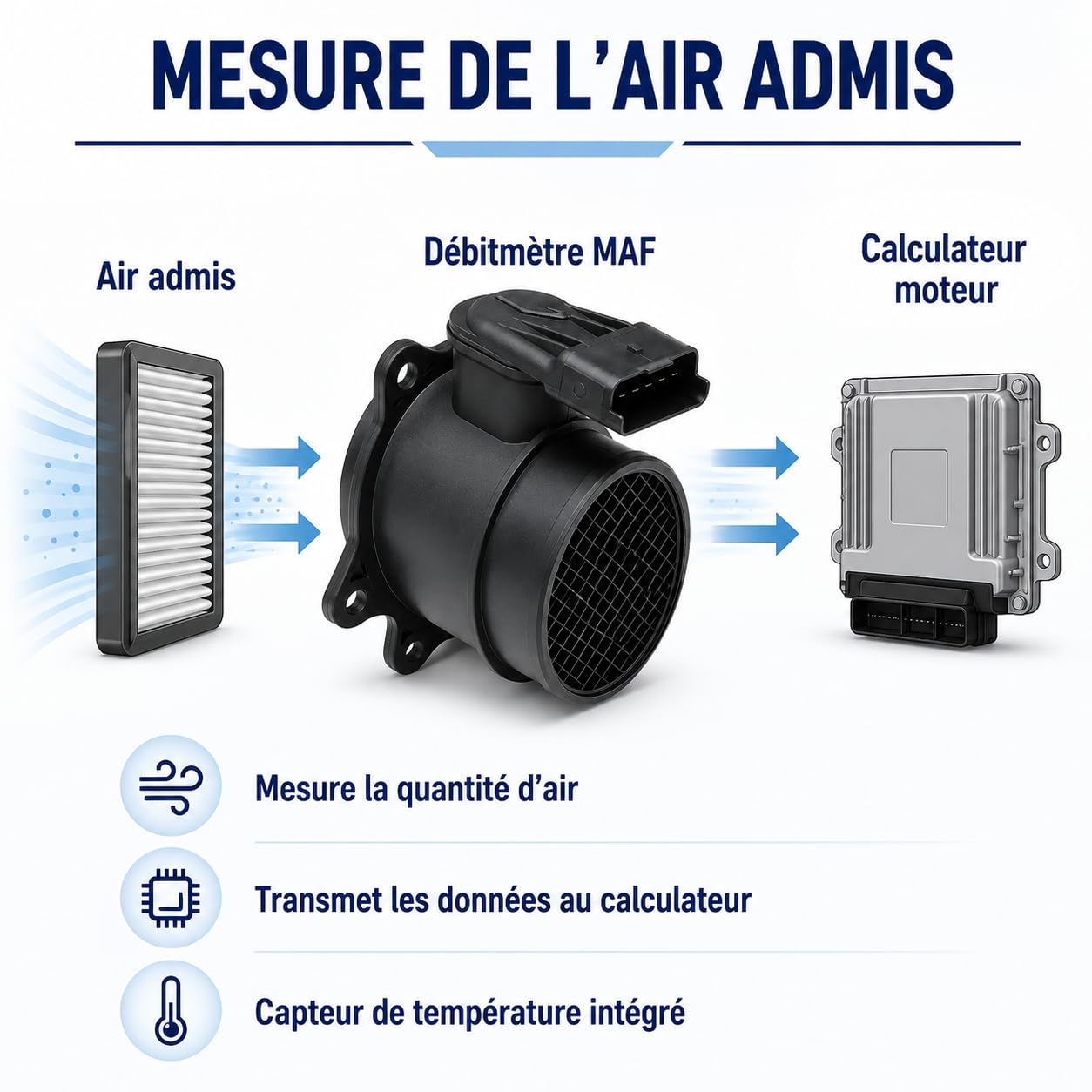 Débitmètre d’air massique MAF compatible avec Citroën Peugeot Ford Volvo Fiat 1.6 HDi TDCi D MZ-CD, Berlingo C3 C4 C5 206 207 307 308 407 C-Max Focus C30 S40 V50, 5 broches, 1920GV 1610874680