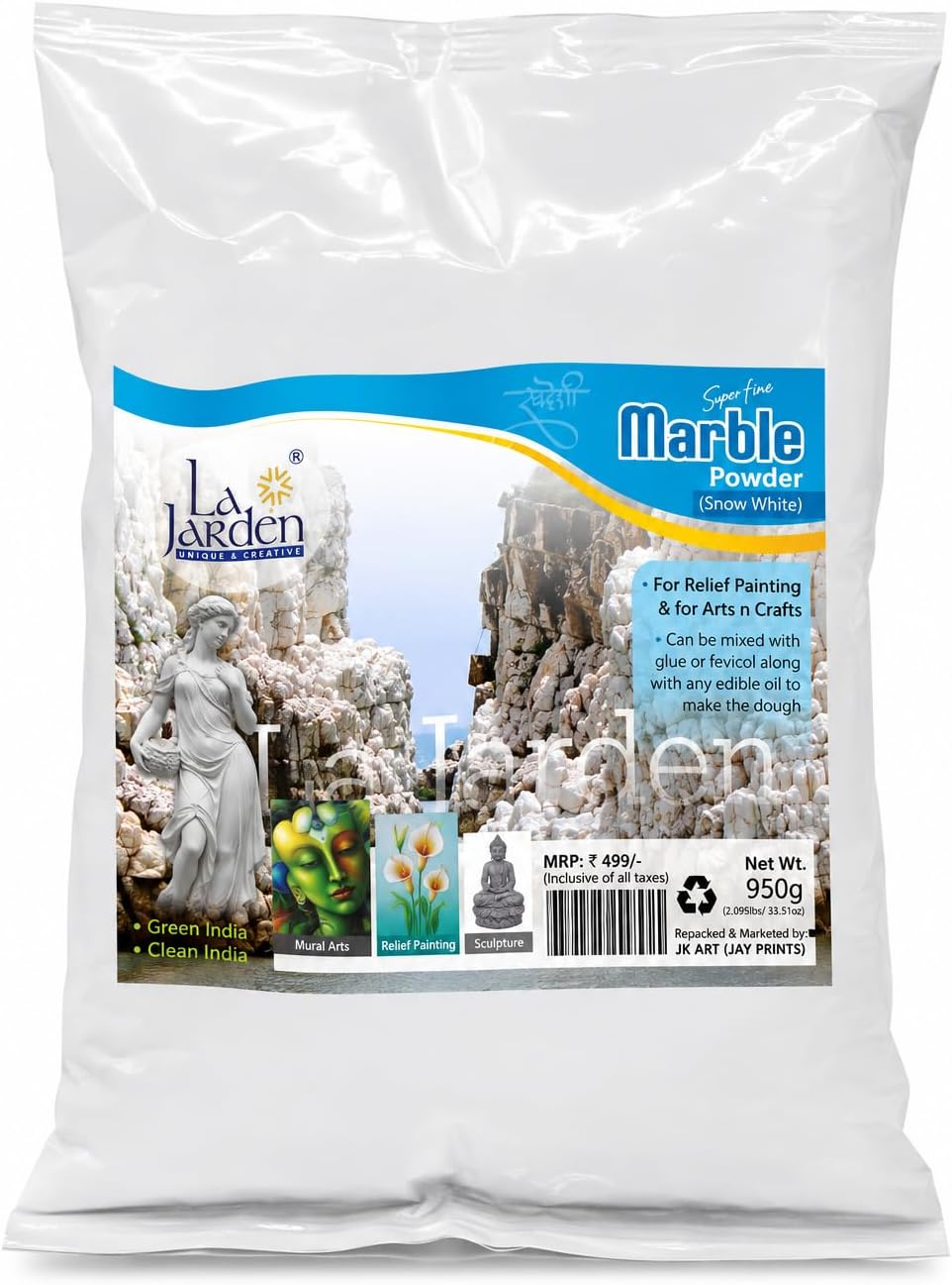 La Jardenยฎ Premium White Marble Powder 950 g | Ultra-Fine for Lippan Art, Murals, Embossed 3D Wall Art, Flooring & DIY Crafts | Safe for Students & Craft Projects (Pack of 1)