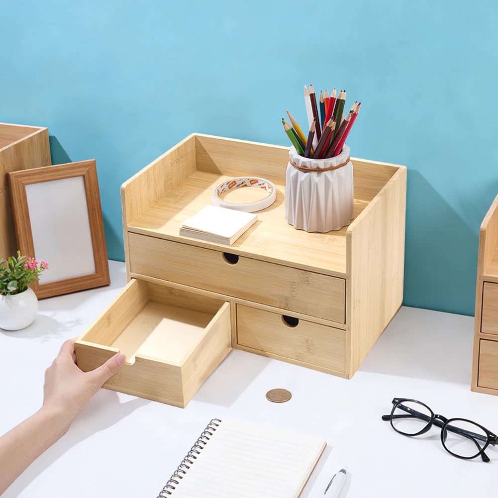 AHANDMAKER Organizer da scrivania in bambù, organizer per cassetti da scrivania, per casa, ufficio, trucco, lettere, documenti, non richiede montaggio (3 cassetti con ripiano)