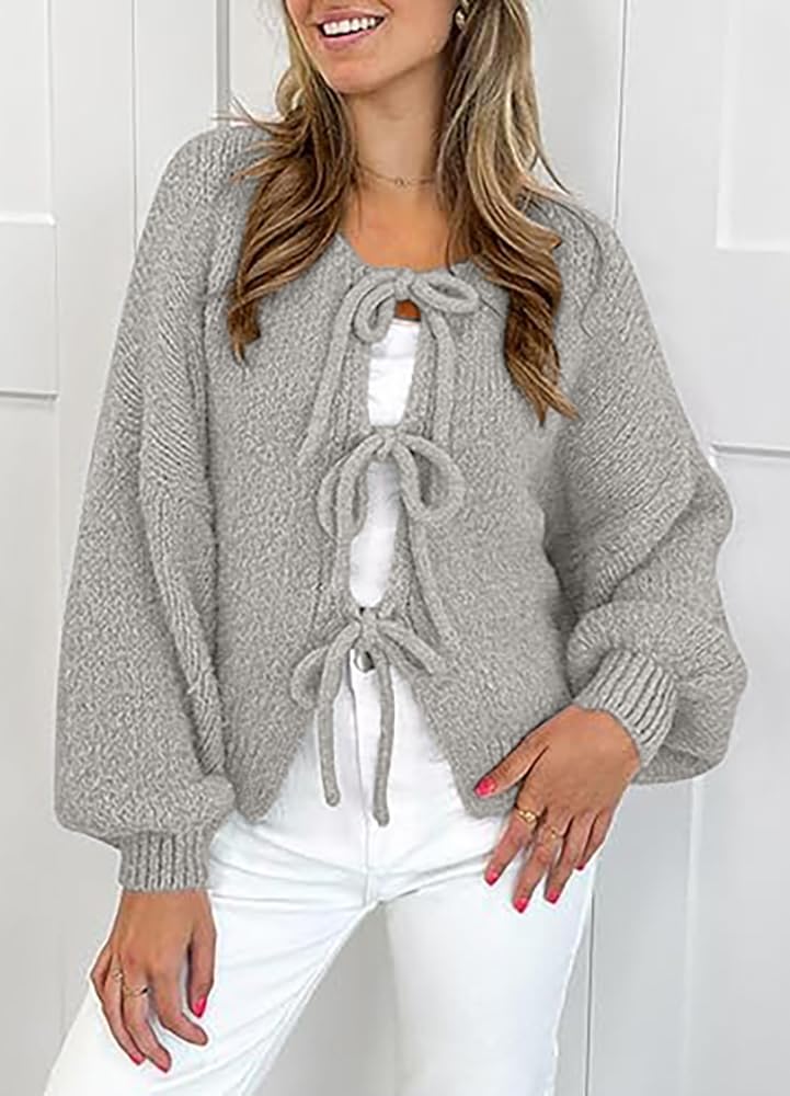 Women’s Tie Front Cardigan Oversized Chunky Knit Sweaters Y2K Bow Tops Long Sleeve Open Front Knitwears - Image 2