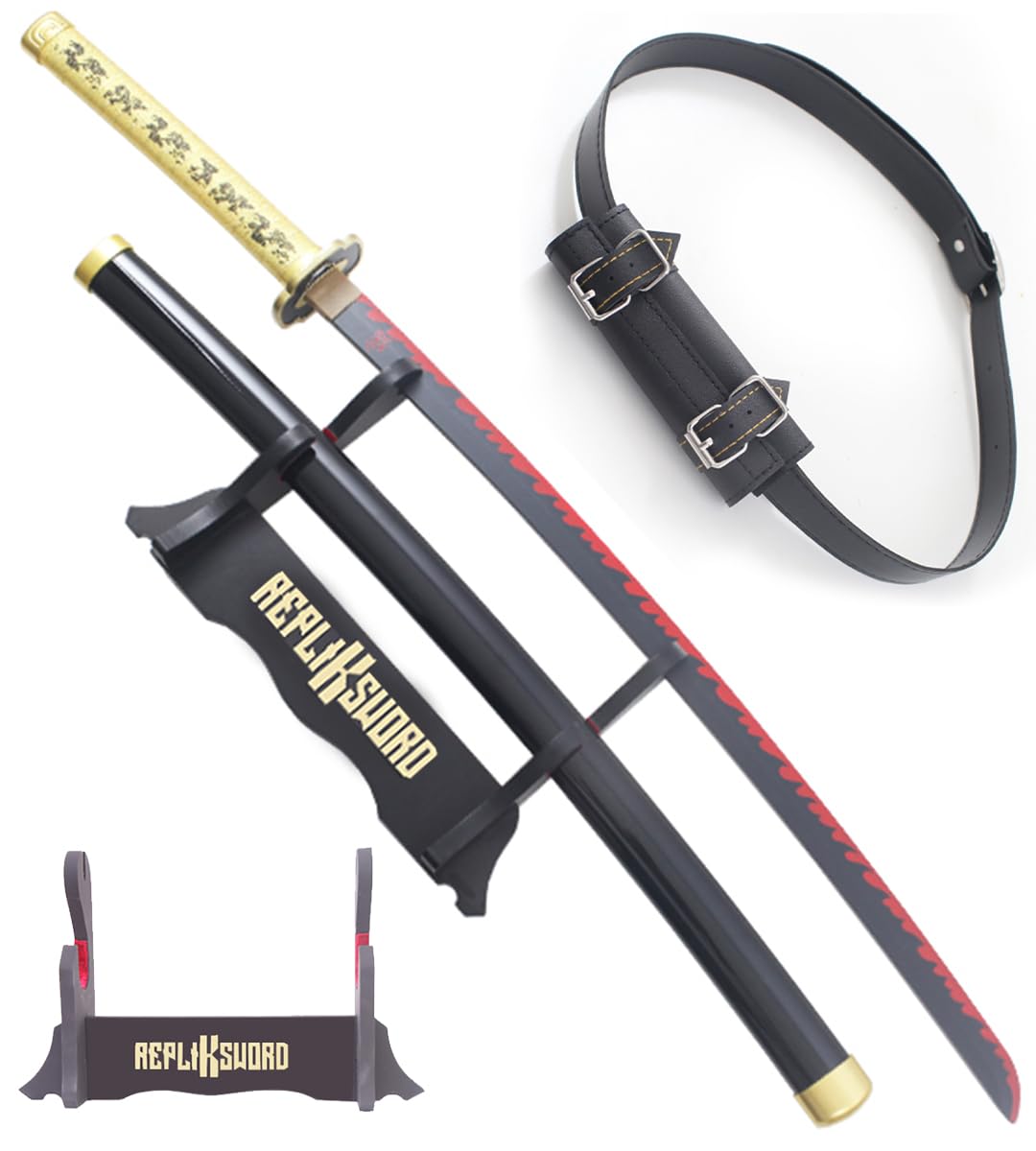 REPLIKSWORD Demon Slayer Katana Yoriichi en Bois Lame Decoration Sabre Yorichi Epee Kimetsu No Yaiba Tsugikuni Cosplay + Presentoir Inclus + Ceinturon