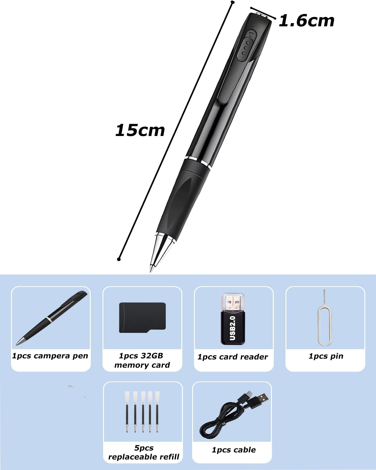 Mini Camera Espion, 1080p HD Caméra Cachée Stylo Mini Caméra de Poche Surveillance Spy Camera avec Enregistrement Vidéo Prise de Photo et 90 Mins d'Autonomie