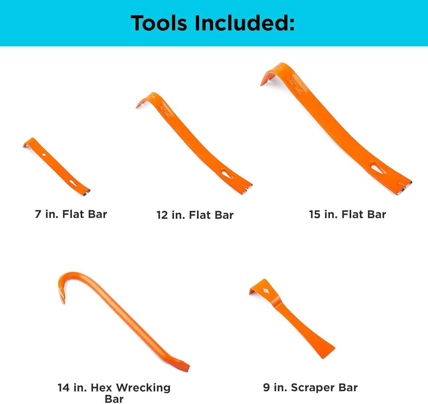 BLACK+DECKER Pry Bar Set, Flat Bar, Hex Wrecking Bar, and Scraper Bar, 5 Piece (BDHT55001)