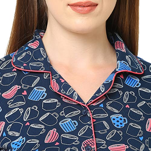 Image of Sweet Dreams Women Half Sleeve Cotton Printed Front Open Navy Night Suit Set