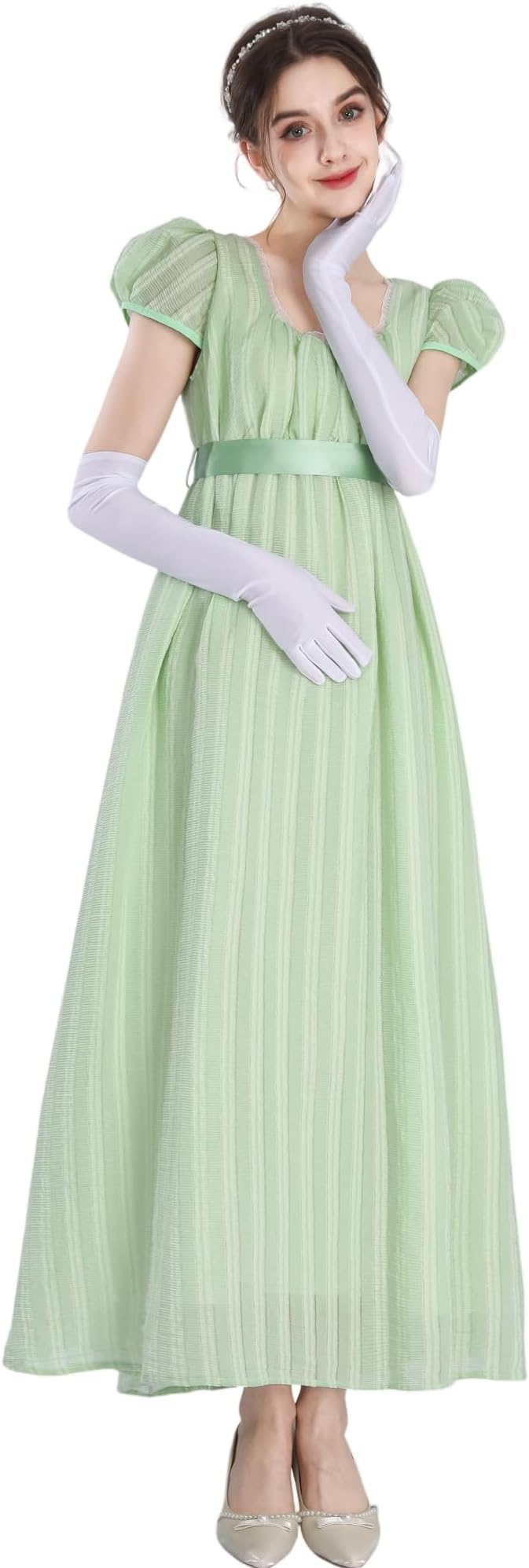 Women's Regency Jane Austen Long Vintage Dresses, Victorian Ball Gown with Gloves, Empire Waist Dress