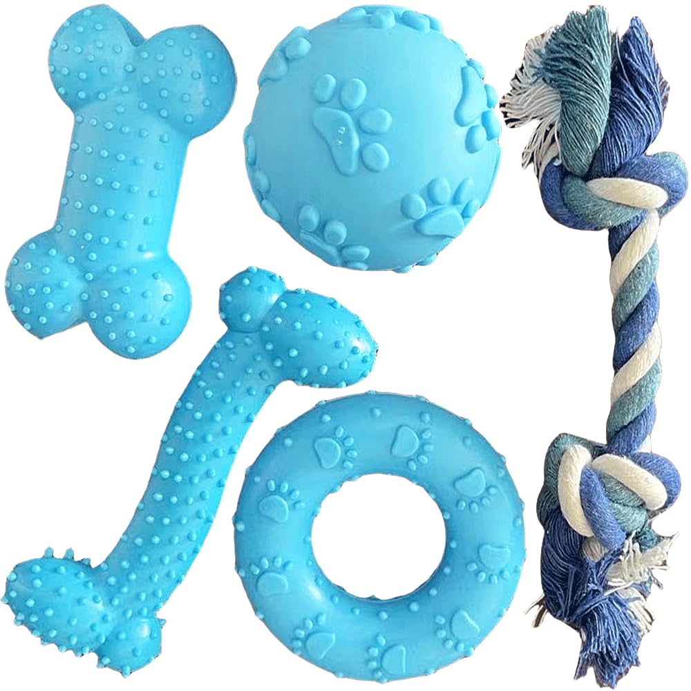 Speedy Panther 5Pcs Puppy Chew Toys for Teething Small Dogs - Squeaky Rubber Ball & Durable Cotton Rope Dental Toys
