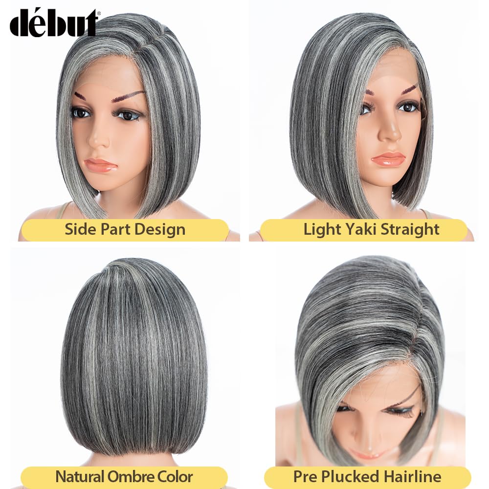 DÉBUT Ombre Highlight Gray Short Bob Wigs Side Part Lace Front Wig Chin Length Bob Left Side Part with Ear to Ear Lace Front Grey Synthetic Wigs for Women