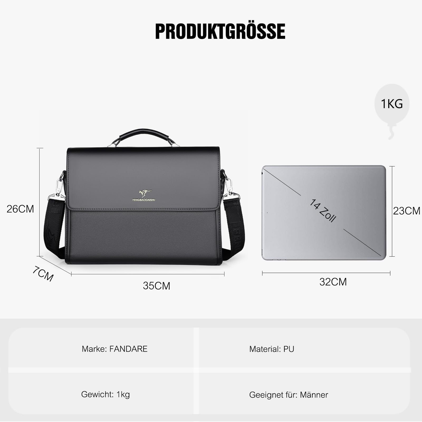FANDARE Retro Aktentasche für Herren, Großzügiges Volumen mit mehreren Fächern PU-Leder Laptoptasche als Umhängetasche für Büro, Reisen Beruf für Berufstätige & Geschäftsleute