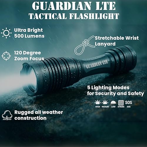 Miniatura 2 de Guardian LTE - Linterna táctica LTE, 500 lúmenes, enfoque de zoom, resistente al agua IPX5, 5 modos (altomediobajoestroboscópicoSOS), doble potencia