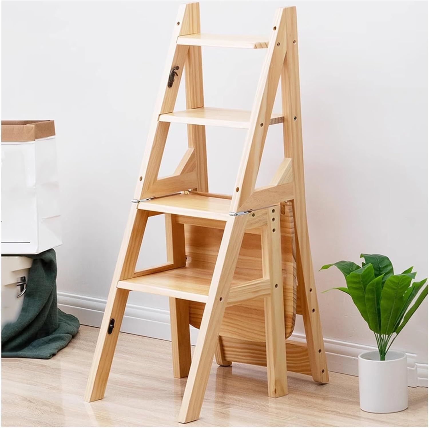 Folding Step Stool 4-Step, Solid Wood Library Ladder Chair with 400lbs Capacity, Multi-Purpose A-Frame Stepladder Converts to Display Stand & Side Seat, Space Saving for Kitchen, Office, Plant Shelf