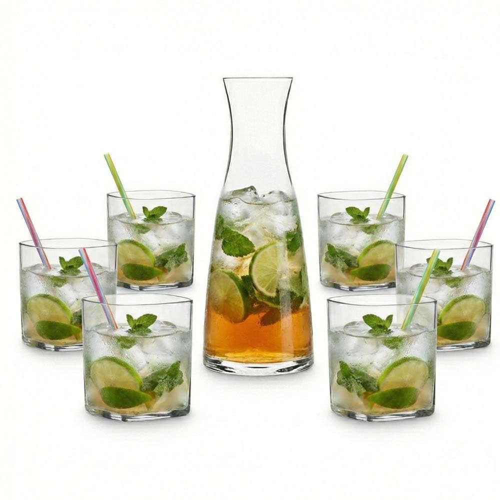 Set Caraffa 1L e 6 Bicchieri Rocks 35cl Accademia in Vetro Sonoro SON.hyx Brocca Ergonomica e Calici Quadrati Alta Resistenza per Whisky Cocktail Acqua Uso Domestico e Professionale Trasparente