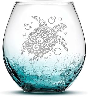 Integrity Bottles Tribal Sea Turtle Design Stemless Wine Glass, Handmade, Handblown, Hand Etched Gifts, Sand Carved, 18oz (Aztec Crackle Teal)