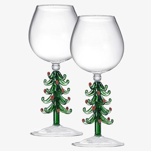 Copas de vino de árbol de Navidad verde cristal, juego de 2, copas de 10 onzas para fiestas navideñas y Año Nuevo