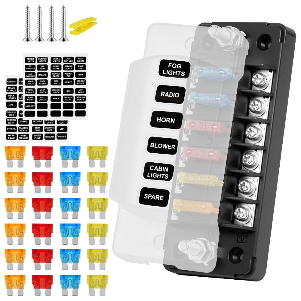 Flintronic 6 Fach Sicherungshalter, 12 Volt Sicherungsblock ATC/ATO Sicherungskasten mit Positiven Negativen, mit 24 Sicherungen Flachsicherunge, für DC 12V/24V Auto LKW Auto Wohnmobil Camper Boot
