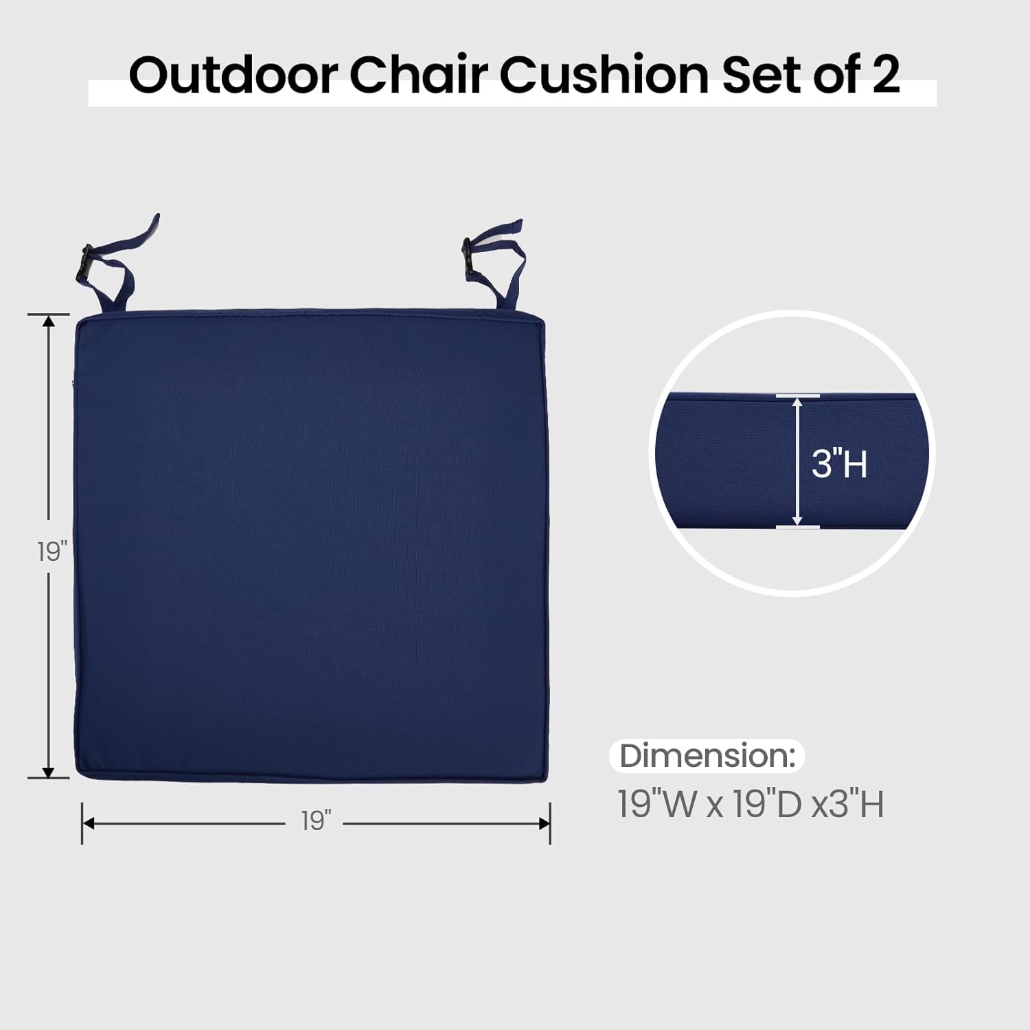 Navy Blue Foam Square Outdoor Dining Chair Cushions Set of 2