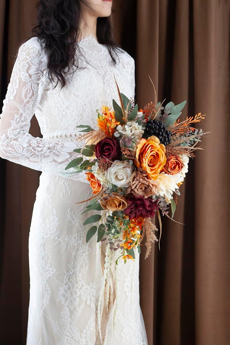 12 Inch Cascade Wedding Bouquets for Bride, Fall Burnt Orange Cascading Bridal Bouquet for Wedding Silk Artificial Flowers
