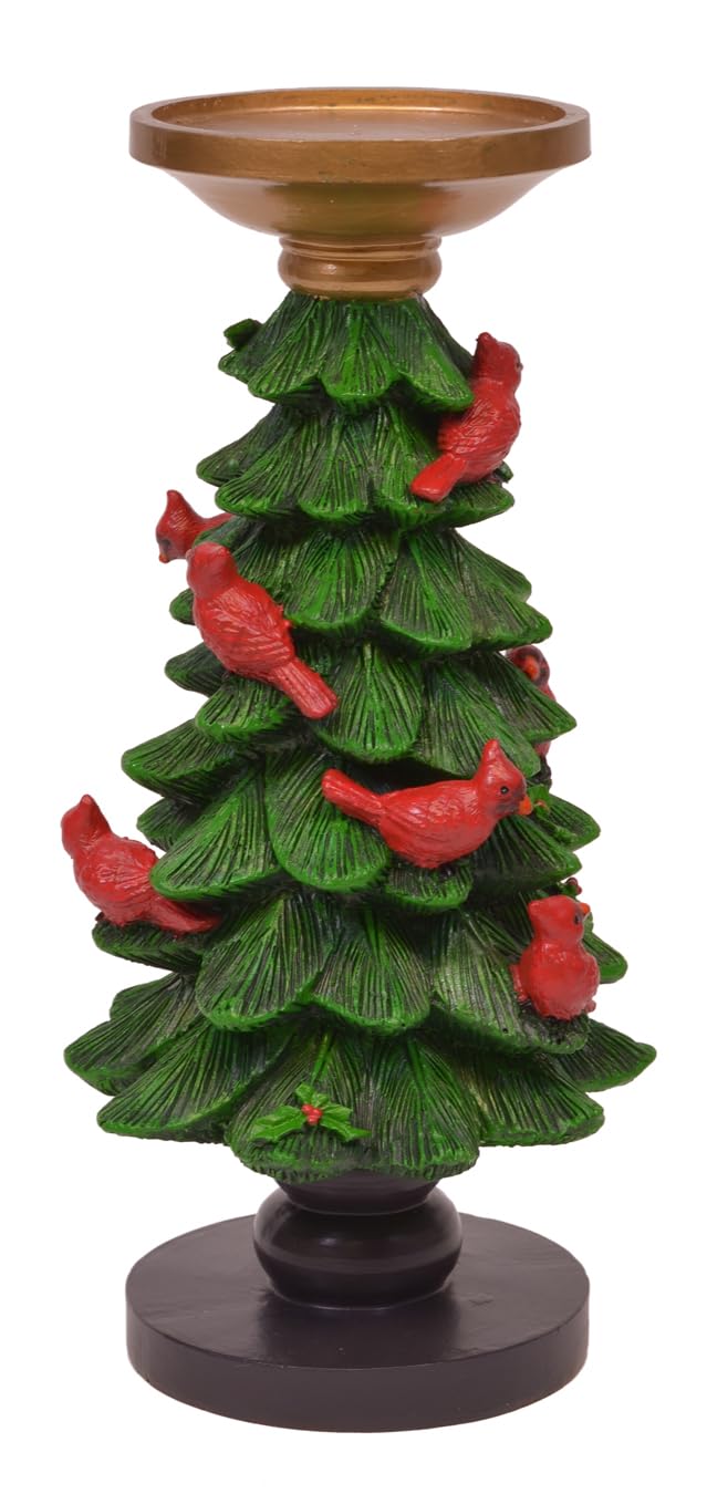 Portavelas de resina cardenales con bayas de acebo en pino, decoración navideña de mesa, 10 pulgadas, verde y rojo