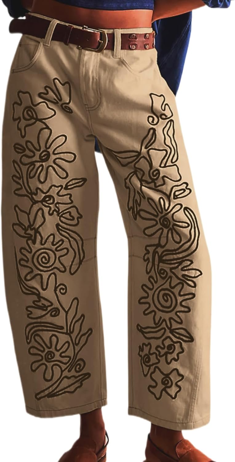 Embroidered Jeans for Women Barrel Pants Baggy Jean Y2k Boyfriend Cheetah Print Mid Rise Denim Ankle Pants