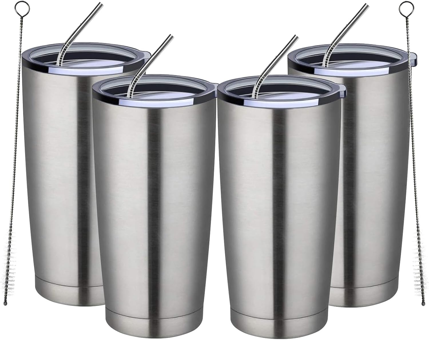 MEWAY 20oz Tumbler 4 Pack Double Wall Vacuum Insulated Travel Mug Bulk, Stainless Steel Tumblers with Lid and Straw, Durable Powder Coated Coffee Cups for Cold & Hot Drinks (Silver, 4)