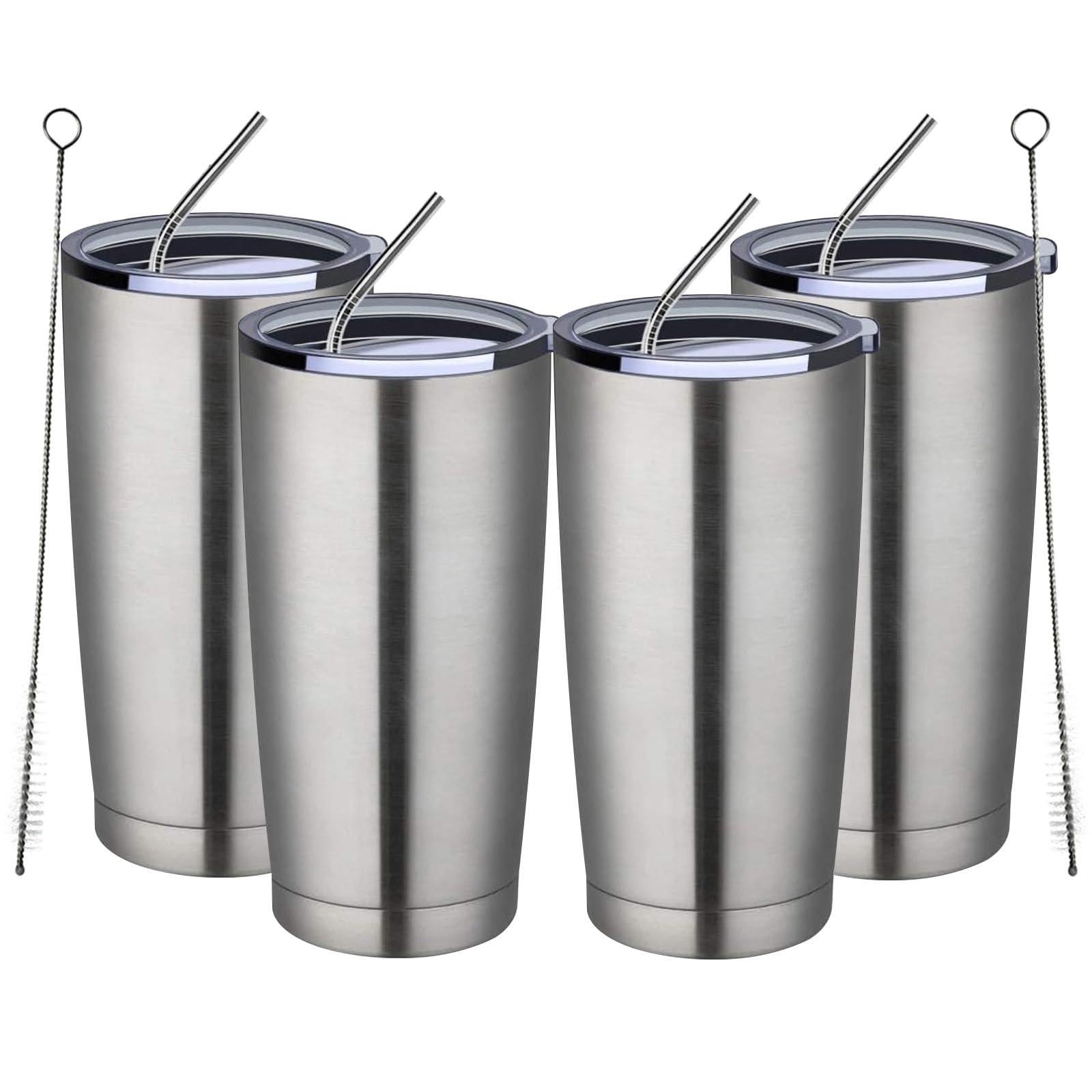 20oz Tumbler 4 Pack Double Wall Vacuum Insulated Travel Mug Bulk, Stainless Steel Tumblers with Lid and Straw, Durable Powder Coated Coffee Cups for Cold & Hot Drinks (Silver, 4)