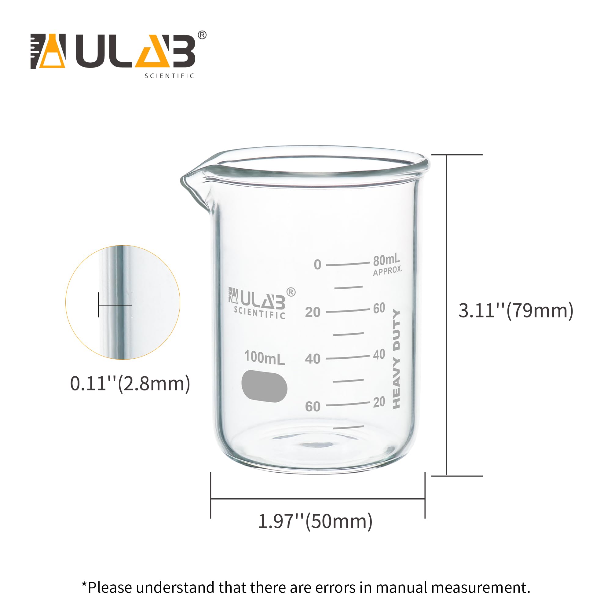 ULAB Scientific UBG1014 Lot de 6 gobelets en verre borosilicate 3.3 avec graduation imprimée 100 ml