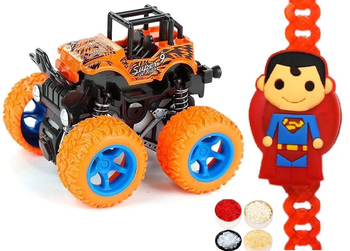 Super Kid Superman LED Light Rakhi for Brother, Toy Car & Roli Chandan Chawal Mishri Pack for Small Bhai Bhaiya