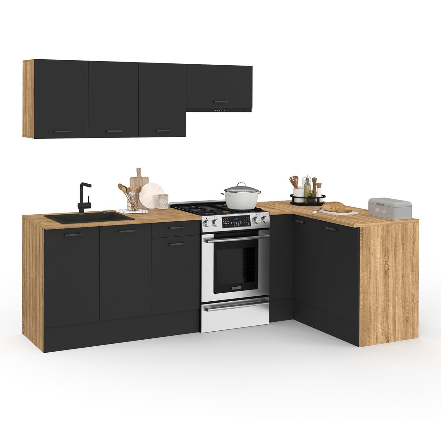 IDMarket - Cuisine complète d'angle 400 cm Subtil avec Plan de Travail 7 élements Bois et Noir