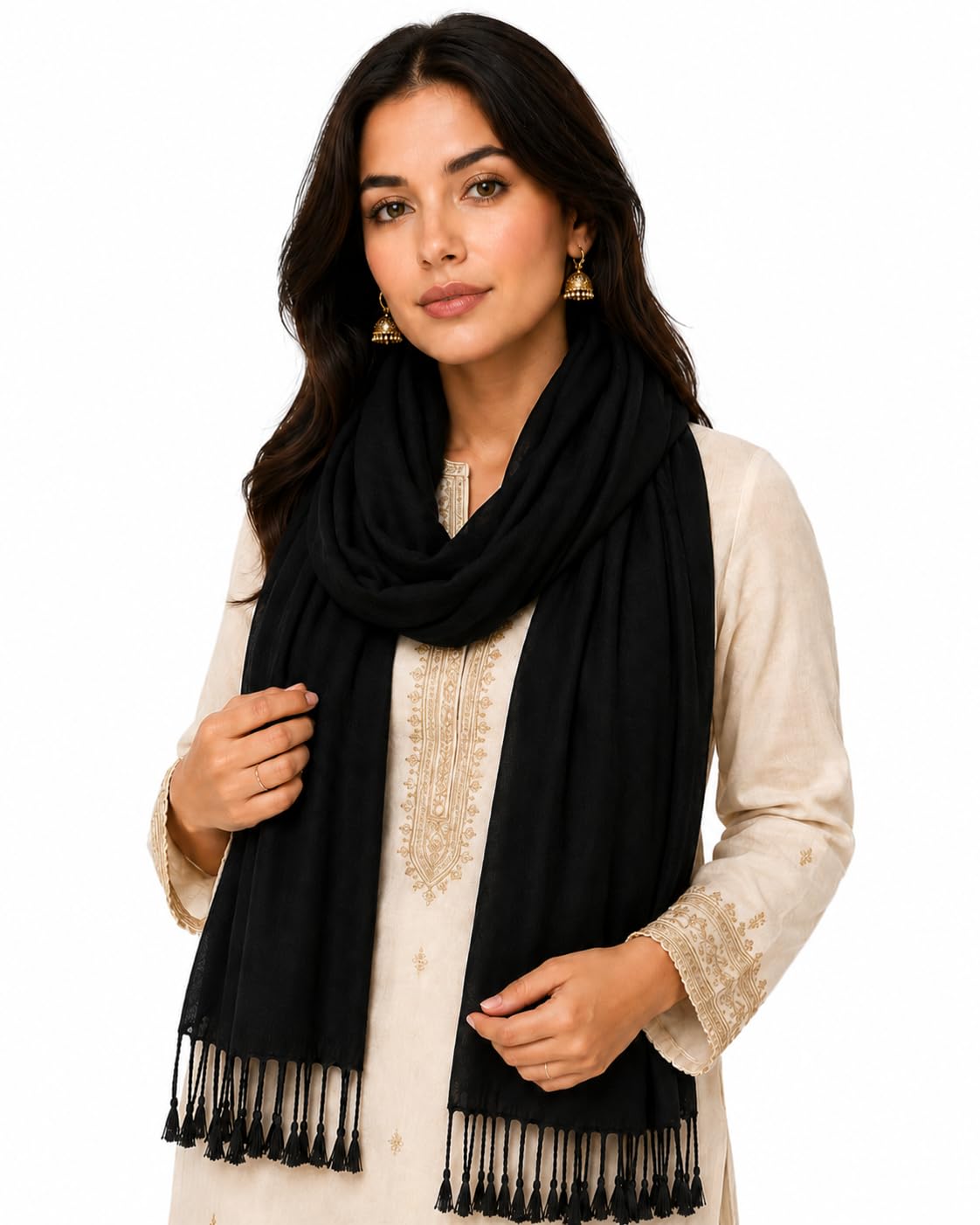 Women's Black Fashion Stole | Soft Feel Lightweight Scarf with Tassel Ends | Perfect for Casual, Ethnic & Formal Outfits-image-22