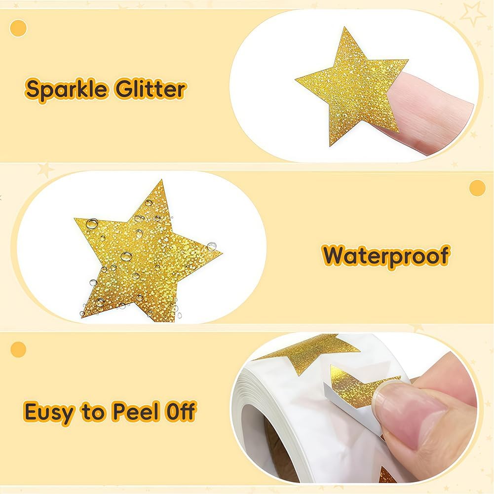 500 Pcs Gold Star Stickers, 1 Inch Sparkly Glitter Reward Stickers for Kids, Self-Adhesive Metallic Stars for Teacher Supplies, Behavior Charts, DIY Crafts and Decoration