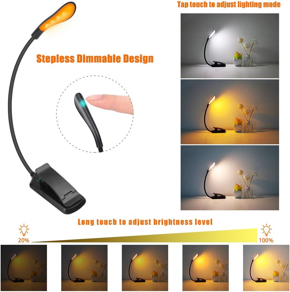 Book Light, Amber Clip-On Reading Light, Blue Light Blocking 3 Modes Led Book Light for Reading in Bed, Stepless Dimmable Brightness Rechargeable Book Lamp,Eye-Care Night Reading Light for Kids