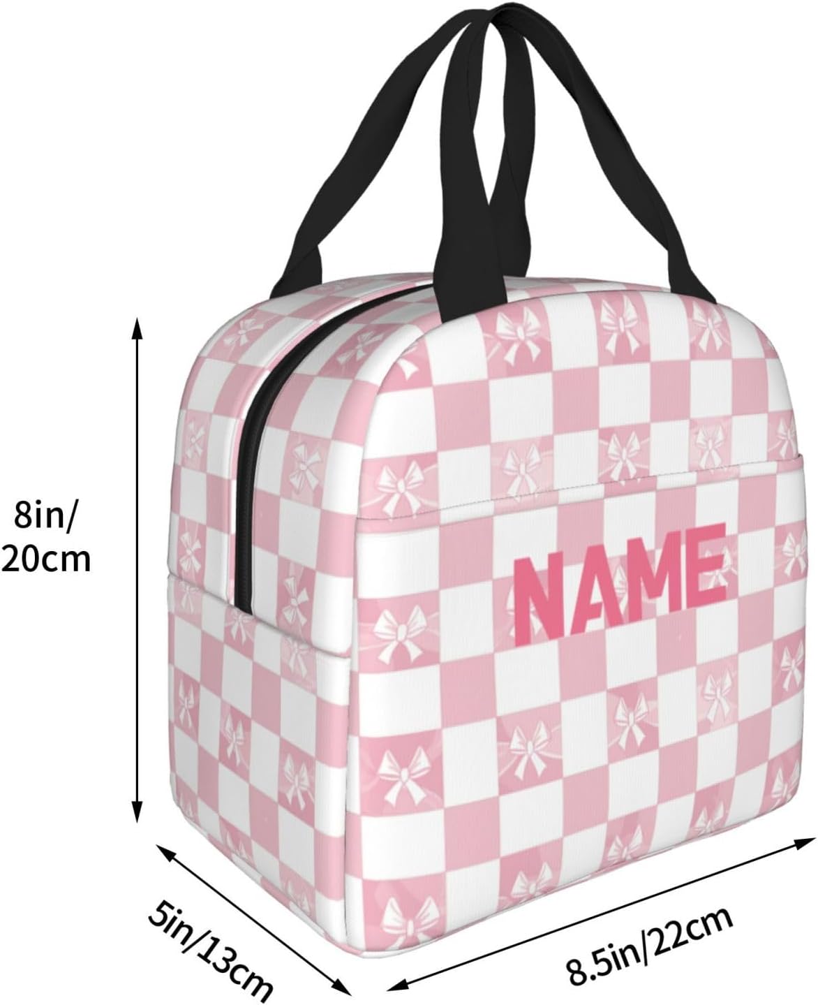 Custom Lunch Bag Pink Check Bow Pattern Personalized Insulated Lunch Box with Name Reusable Cooler Tote for Adults Student Girl Boy Work Office School Picnic Over 3 Years Old