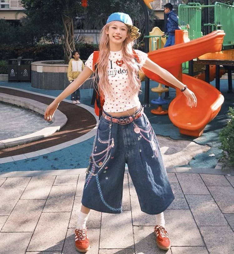 Y2K Wide Leg Jeans for Women Baggy Pants Retro Streetwear Cute Design Cropped Denim Trendy Coquette Casual Bottoms2