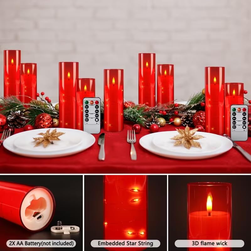 Image of Enido 10 Pc Flameless LED Candles with Remote & Timer, Battery Operated Acrylic Pillar Set, Flickering Electric Lights with Embedded Star String for Cozy Home & Holiday Romantic Decor (Matte Red)