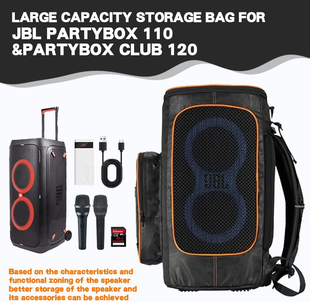 Speaker Bag Backpack for JBL PartyBox 110/PartyBox Club 120 Portable Party Speaker Case Black - Outdoor Carrying Storage Protective Cover - Image 5