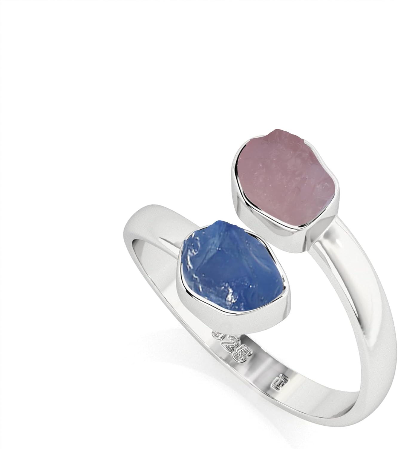 Natural Raw/Rough Blue Sapphire & Morganite 2 Stone Size Adjustable Stackable Twister Ring for Women in Sterling Silver, June & September Birthstone Jewelry Gifts for Her (Bezel-Set)