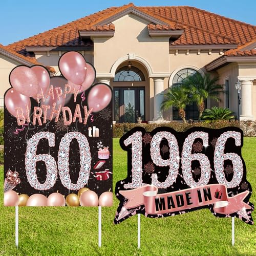 Zeptrix 2pcs Rose Gold 60th Birthday Yard Signs, 'Happy 60th Birthday' & 'Made in 1965' Signs with Stakes, Weatherproof Outdoor Decor, 11" x 16" & 15.75" x 11.02" Plastic Rectangular Signs