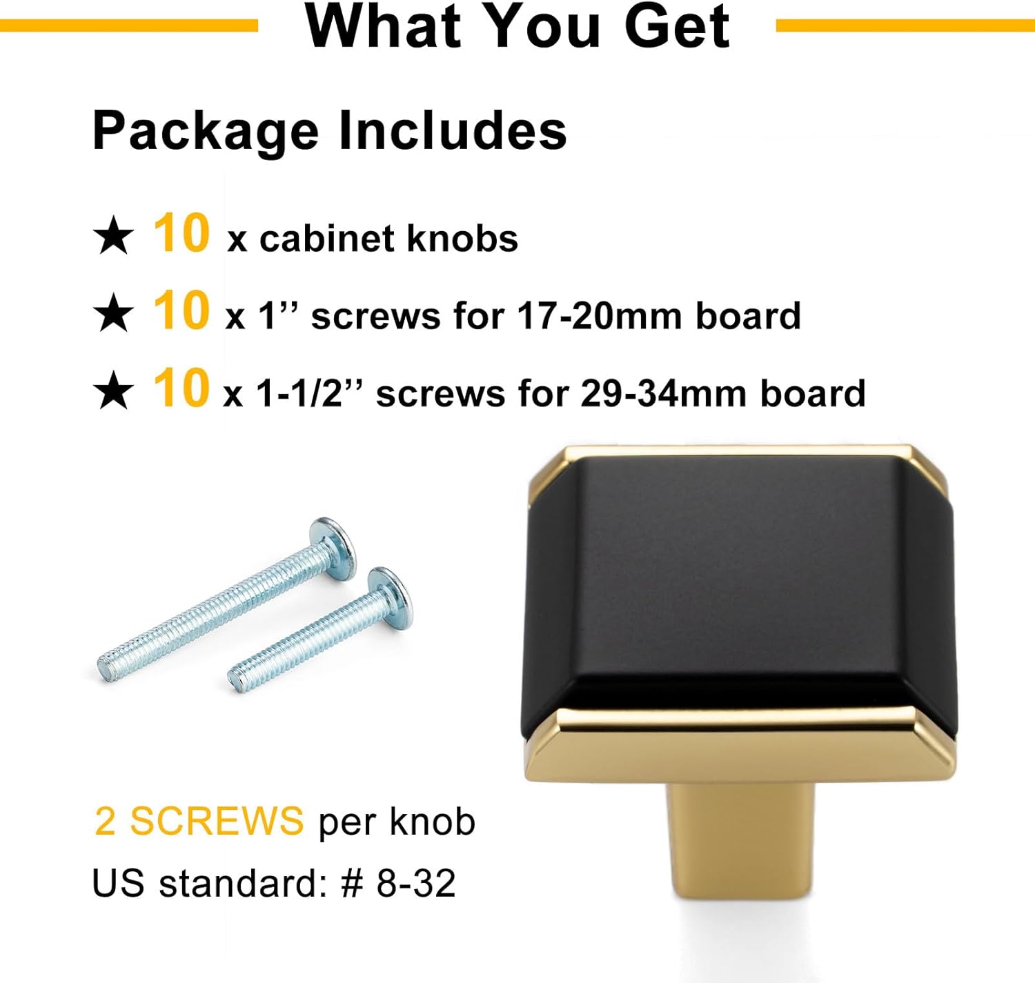 Black and Gold Cabinet Knobs Matte Black and Gold Drawer Knobs, 10 Pack 1-1/4 Inch, 2281 Square Single Hole Cabinet Pulls for Kitchen Cabinets Drawers Bedroom Dresser Bathroom