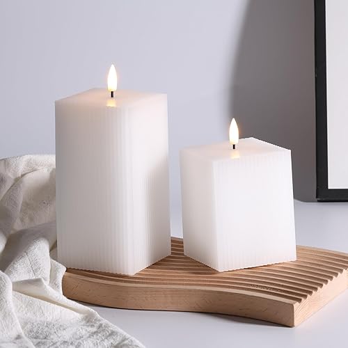 Miniatura 7 de Velas cuadradas blancas sin llama con control remoto, velas LED de cera real parpadeante con batería acanalada  3 "H 4" 6"