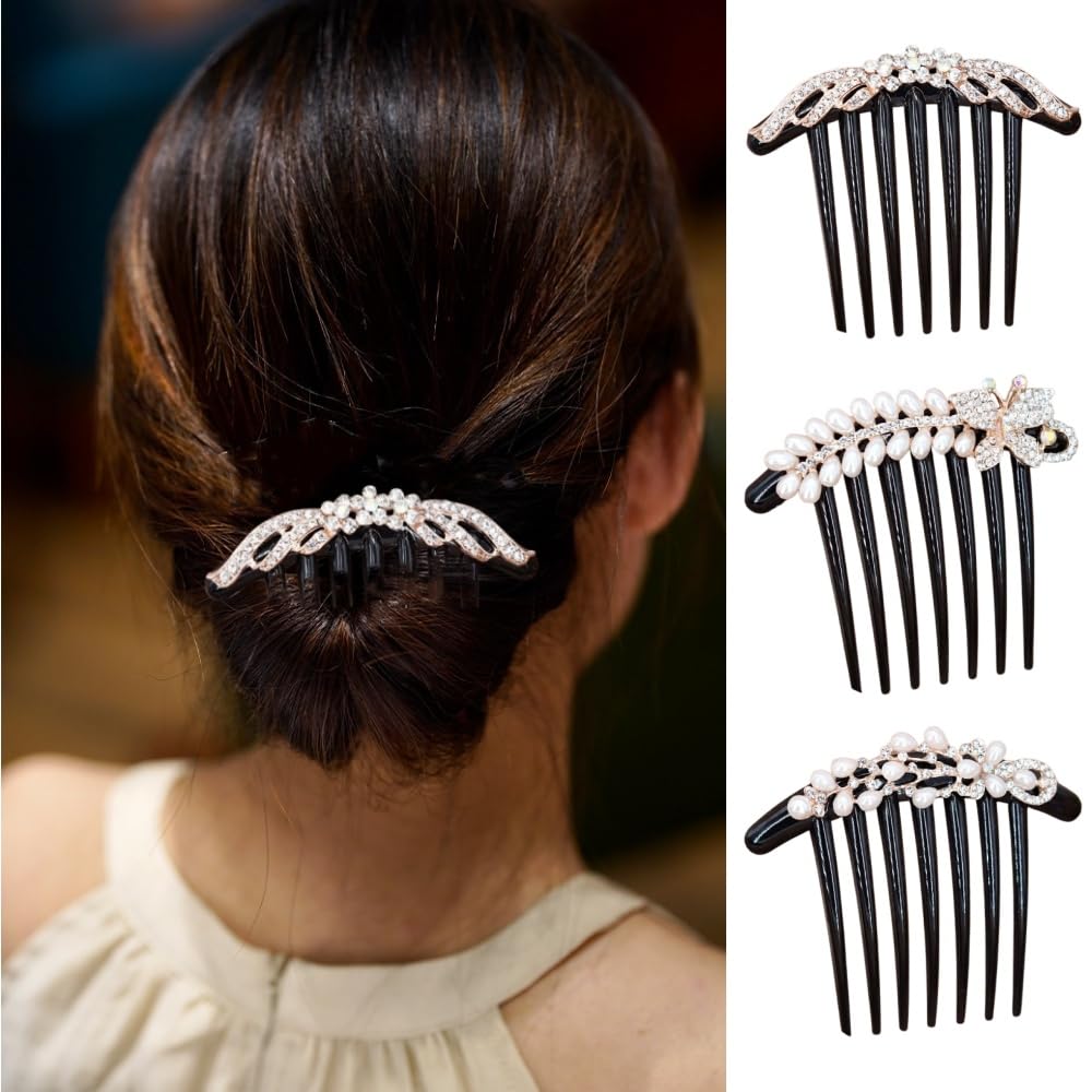 Amazon | 7歯 夜会巻きコーム 3個セット 髪飾り 水晶 パール ヘアピン