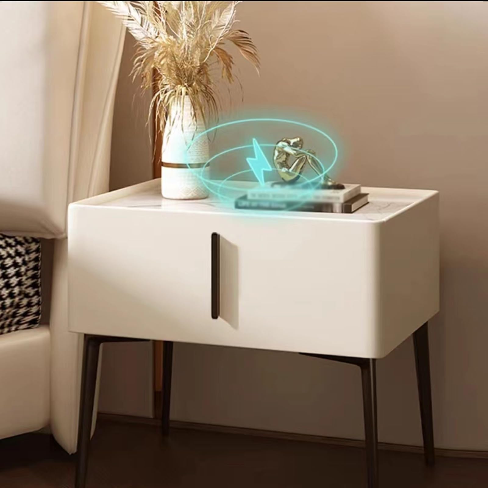 Table de chevet en dalle de roche et finition en cuir beige haut de gamme