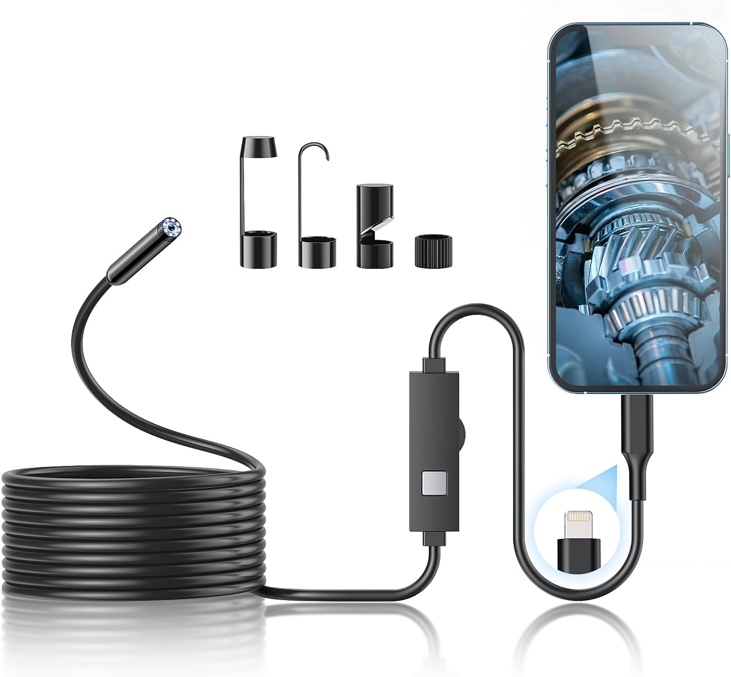 Endoscope Camera with Light, 1920P HD Borescope Tools with 8 Adjustable LED Lights, Endoscope with Semi-Rigid Snake Camera, Inspection Borescope for iOS - 16.3ft Single Line Single Lens（Not Android）