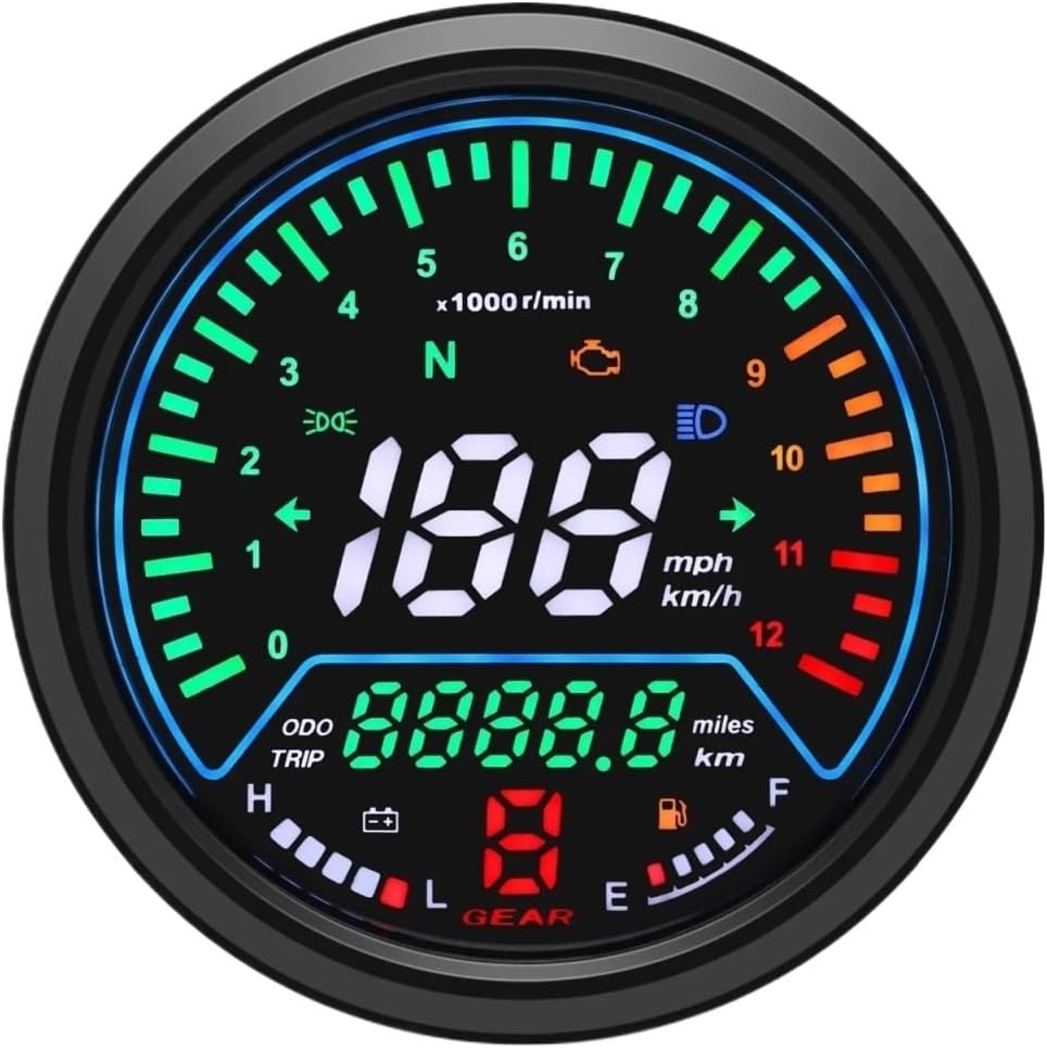 Motorcycle Speedometer Gauge 12000rpm Motorcycle Tachometer Kmh Mph Odometer Gauge Voltage Fuel Gauge Gear Light Indicator Digital Dashboard