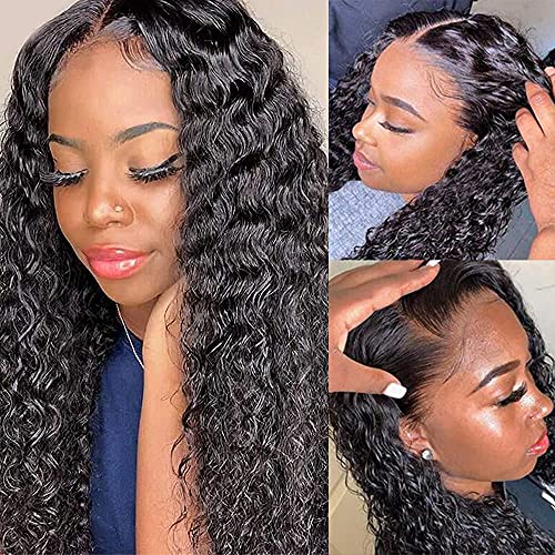 Curly Lace Wigs for Black Women Human Hair 150% Density Deep Wave Human Hair Wigs 13x4 Lace Frontal Wigs Human Hair Pre Plucked with Baby Hair(Deep Wave Wig, 22 Inch)