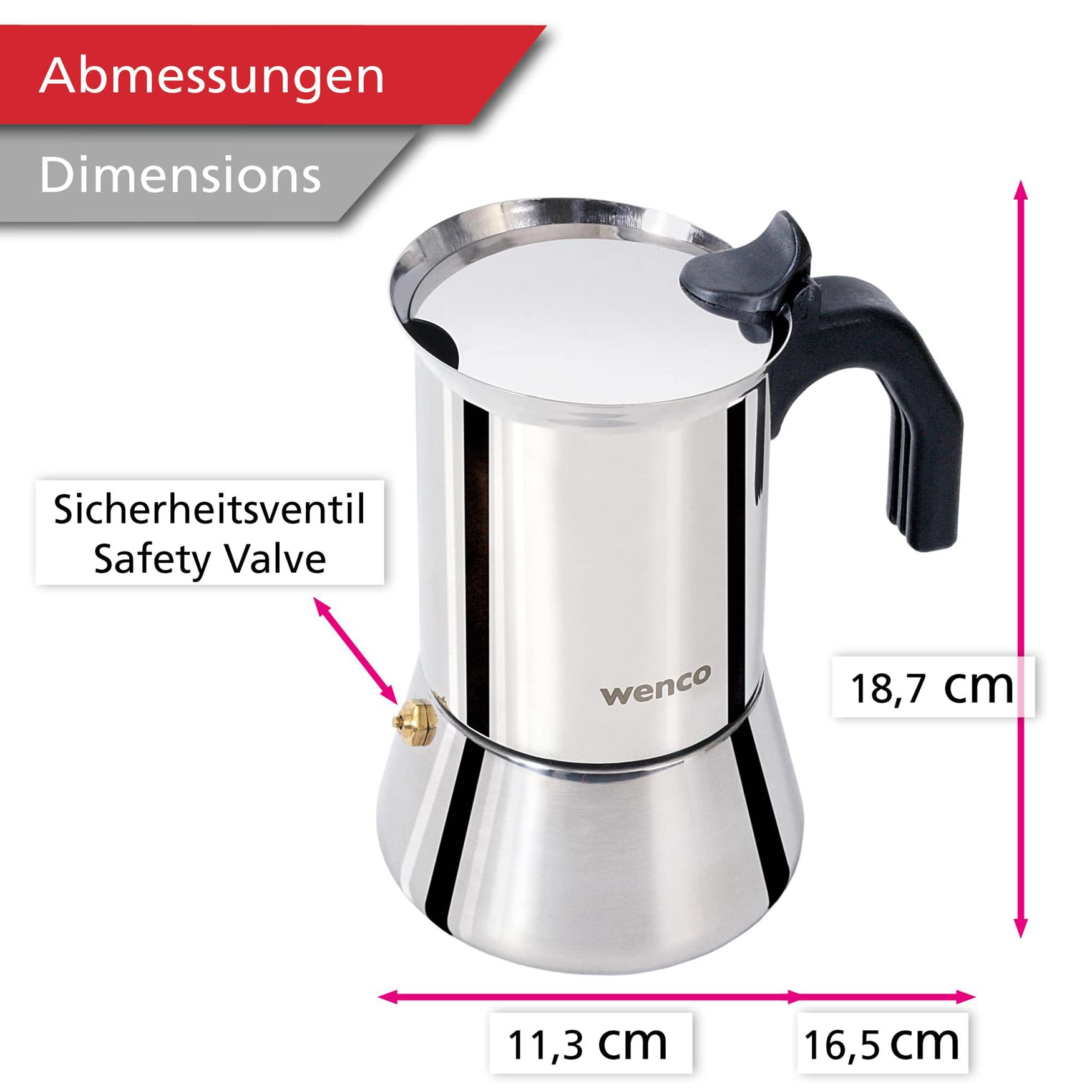 wenco Premium Espressokocher, 4 Tassen, 500 ml, Für alle Herdarten inkl. Induktion, Mokkakanne aus Edelstahl, 11,3 x 16,5 x 18,7 cm, Silber