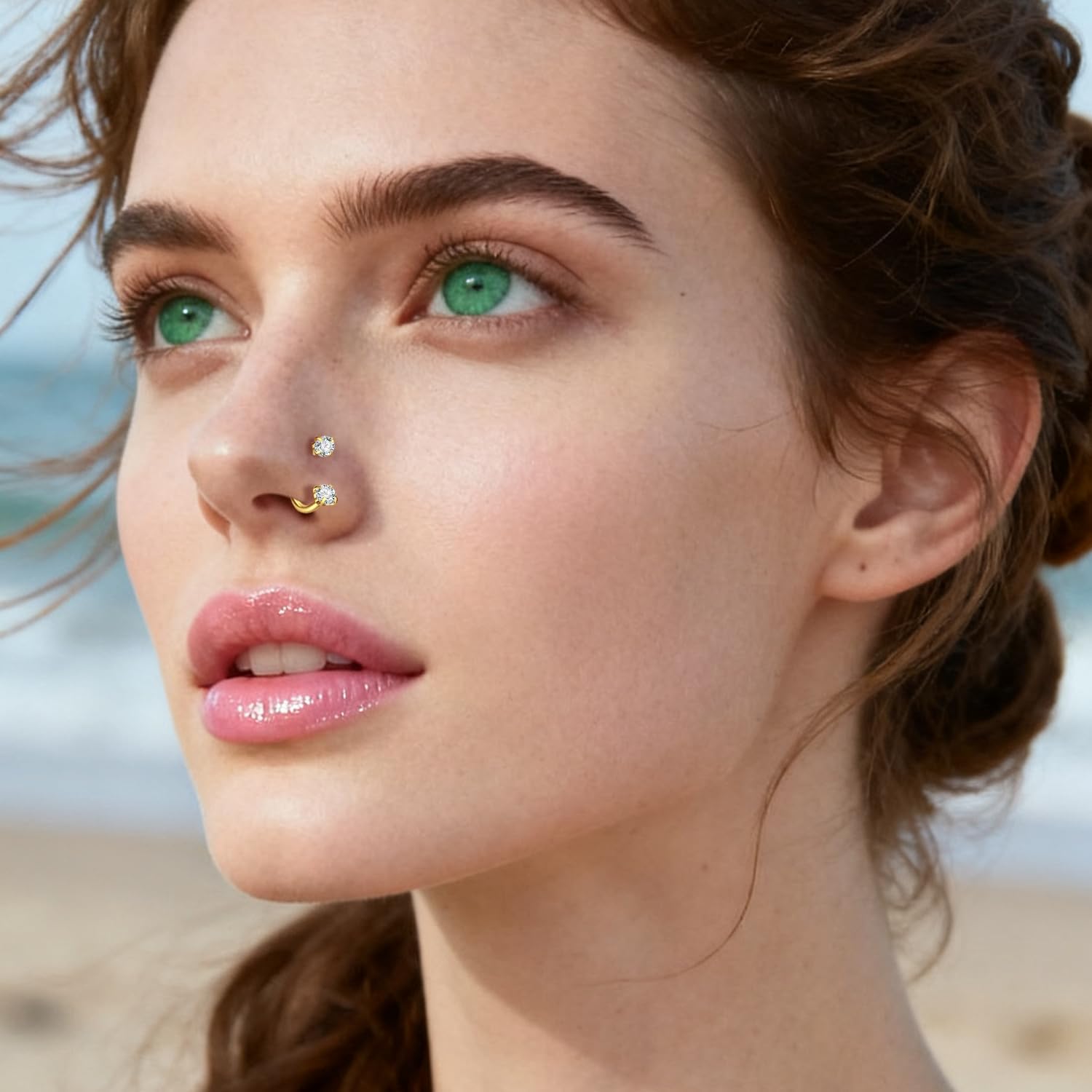 Horseshoe Nose Rings Hoops, 18G Double Gem Opal Pink Heart Horseshoe Nose Rings for Women, Septum Clicker Daith Tragus Helix Rook Eyebrow Lip Piercing Taper Ball Grabber Tool, Piercing Thread Needle Tool Set